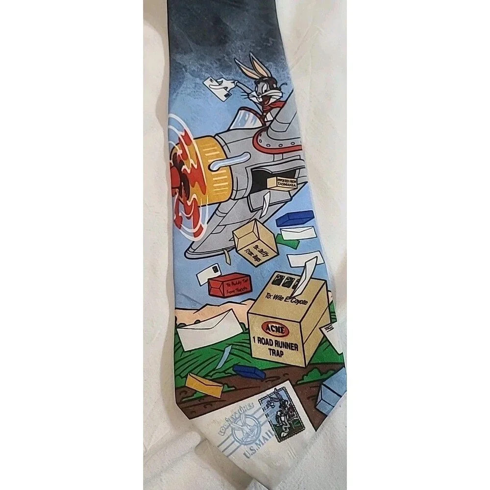Vintage 1997 Looney Tunes Stamp Collection Bugs Bunny Flying Mail Necktie